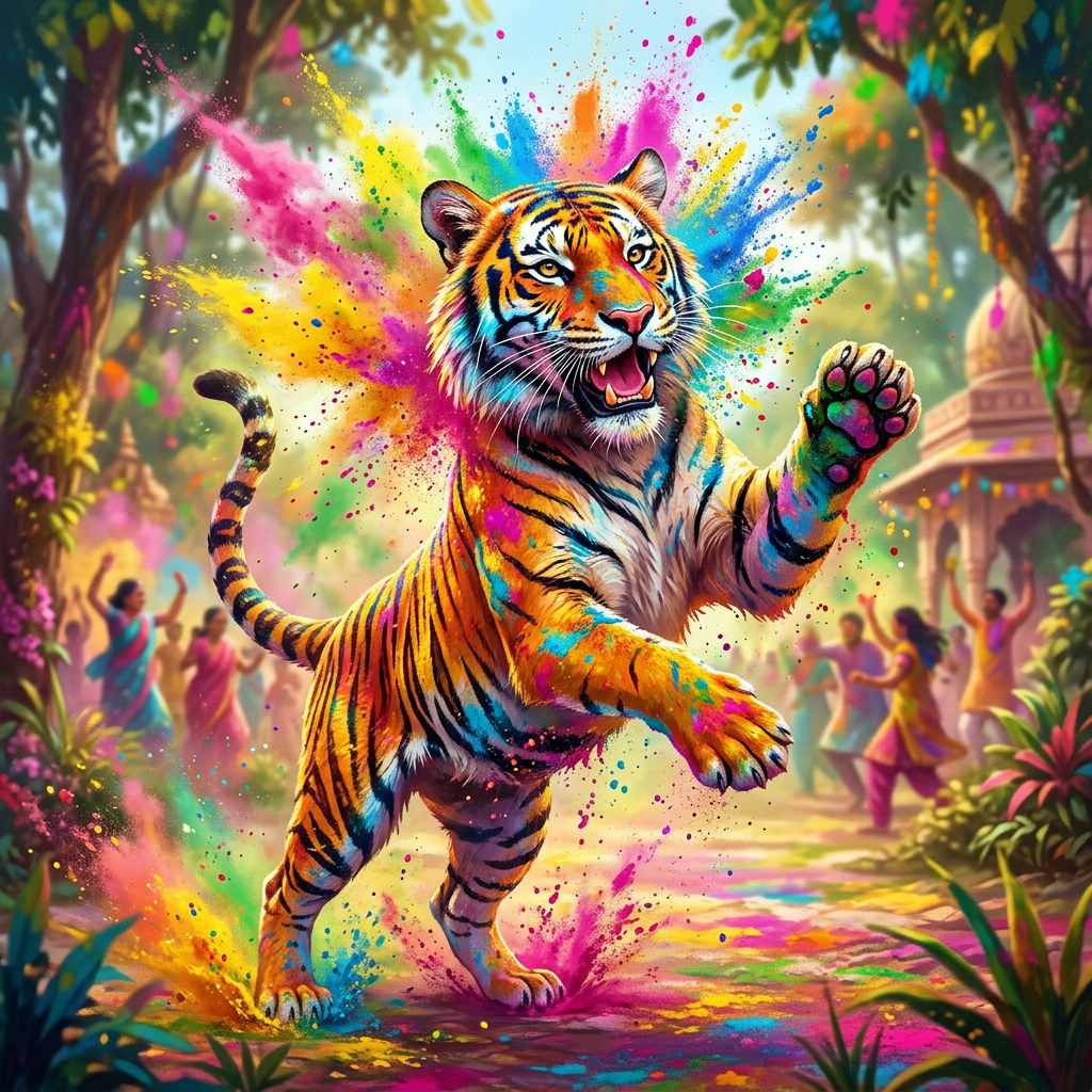 Tiger covered in colorful powders jumping with festive figures in background
