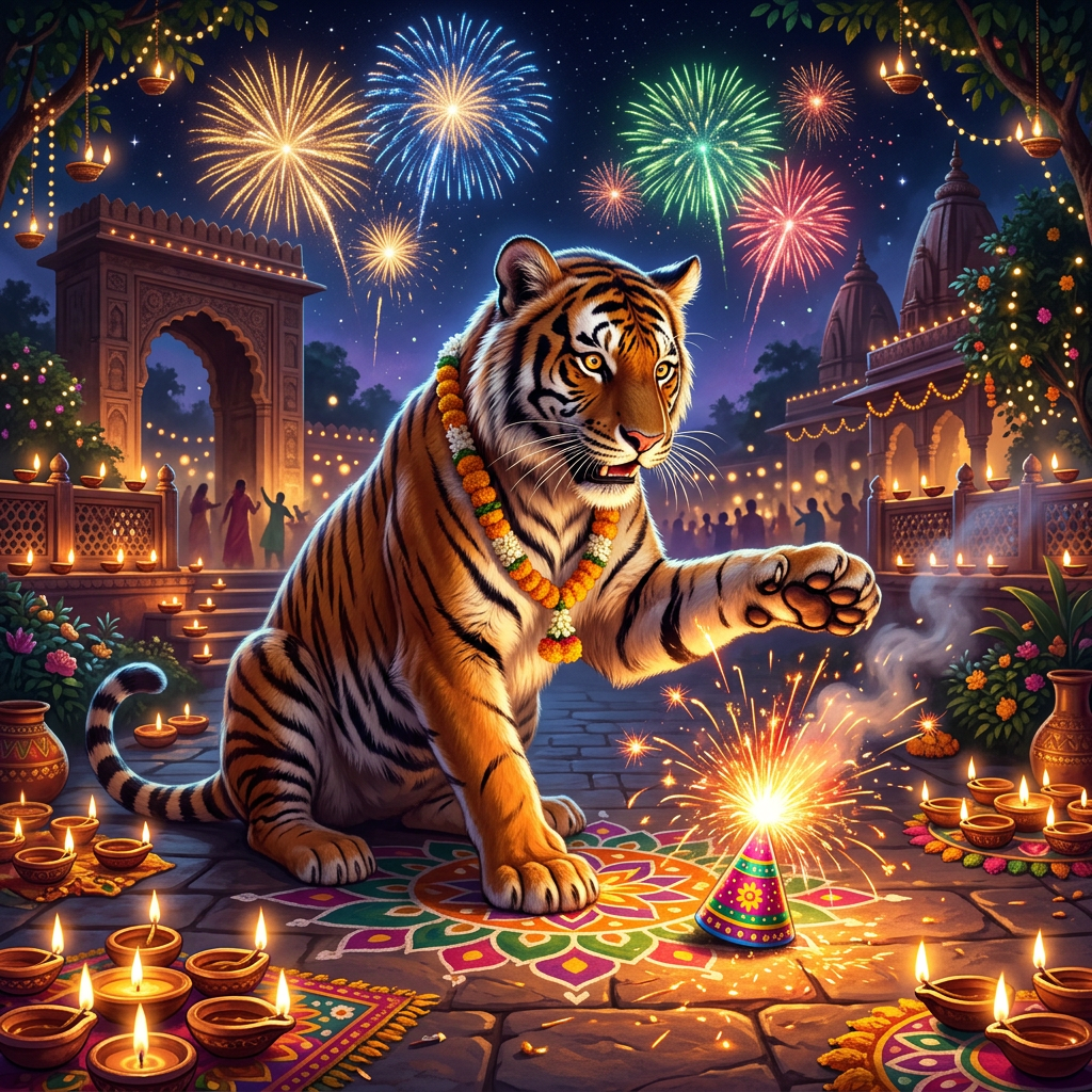 Tiger wearing flower garlands playing with sparkler amidst lit diyas and fireworks at night festival